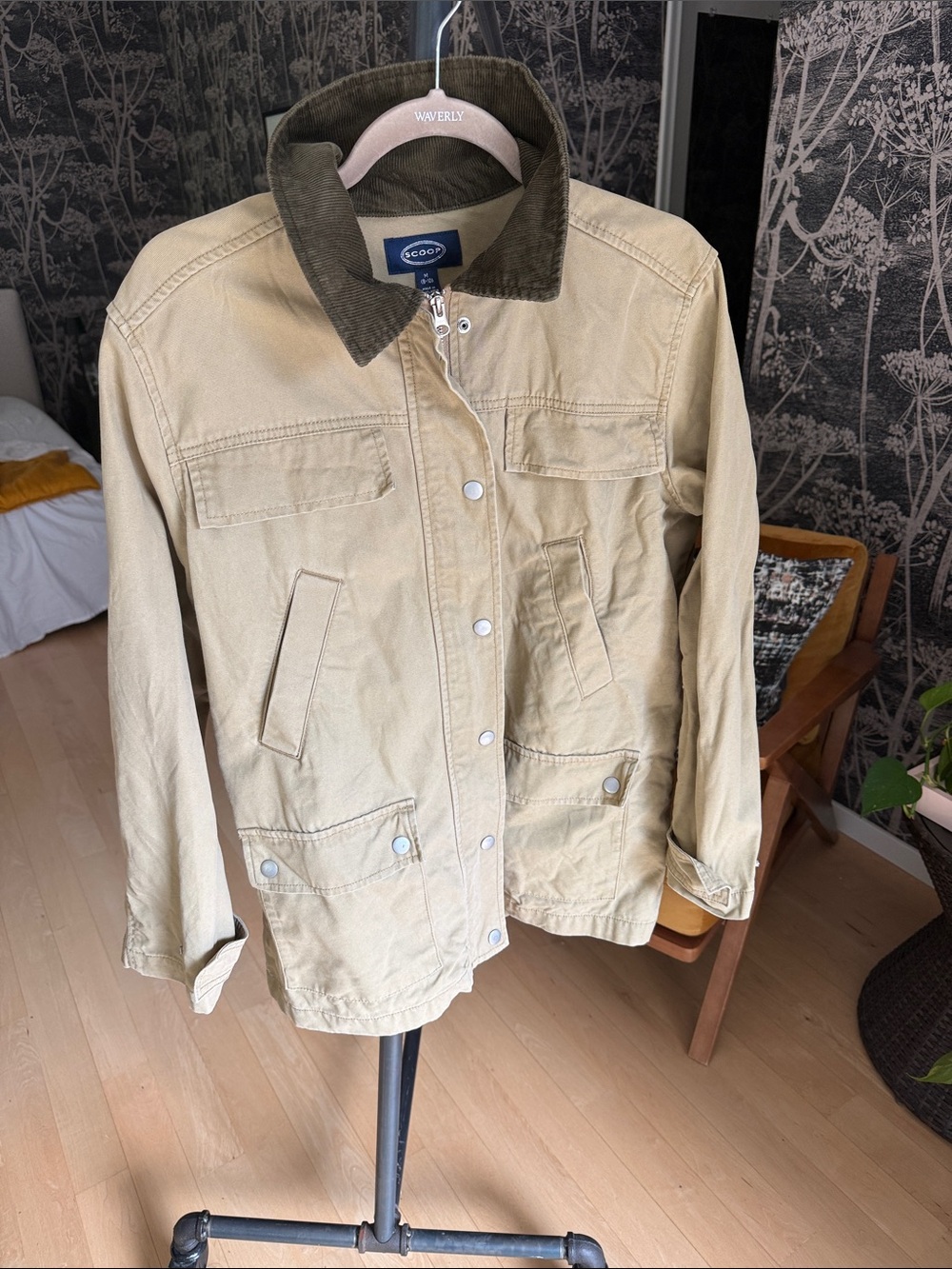 Scoop NYC Tan Utility Jacket with Dark Brown Corduroy Collar